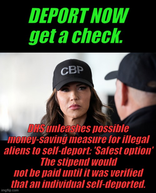 1K to go home with chance to come back if you don't self deport ,you are banned for ever. | DEPORT NOW get a check. DHS unleashes possible money-saving measure for illegal aliens to self-deport: 'Safest option'
The stipend would not be paid until it was verified that an individual self-deported. | made w/ Imgflip meme maker