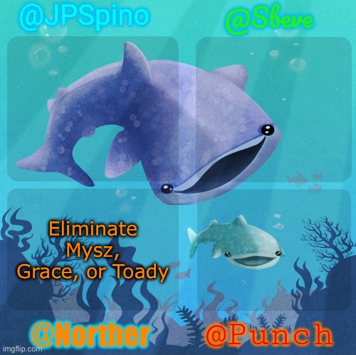 Spino, sbeve, norther, punch shared temp | Eliminate Mysz, Grace, or Toady | image tagged in spino sbeve norther punch shared temp,voting game s8 | made w/ Imgflip meme maker
