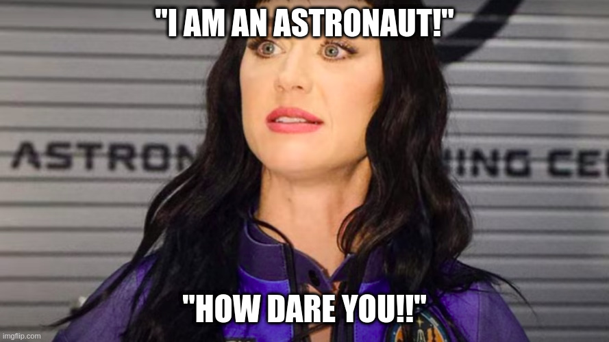Katy Perry - Crazy Eyes - Astronaut | "I AM AN ASTRONAUT!"; "HOW DARE YOU!!" | image tagged in katy perry - crazy eyes - astronaut | made w/ Imgflip meme maker