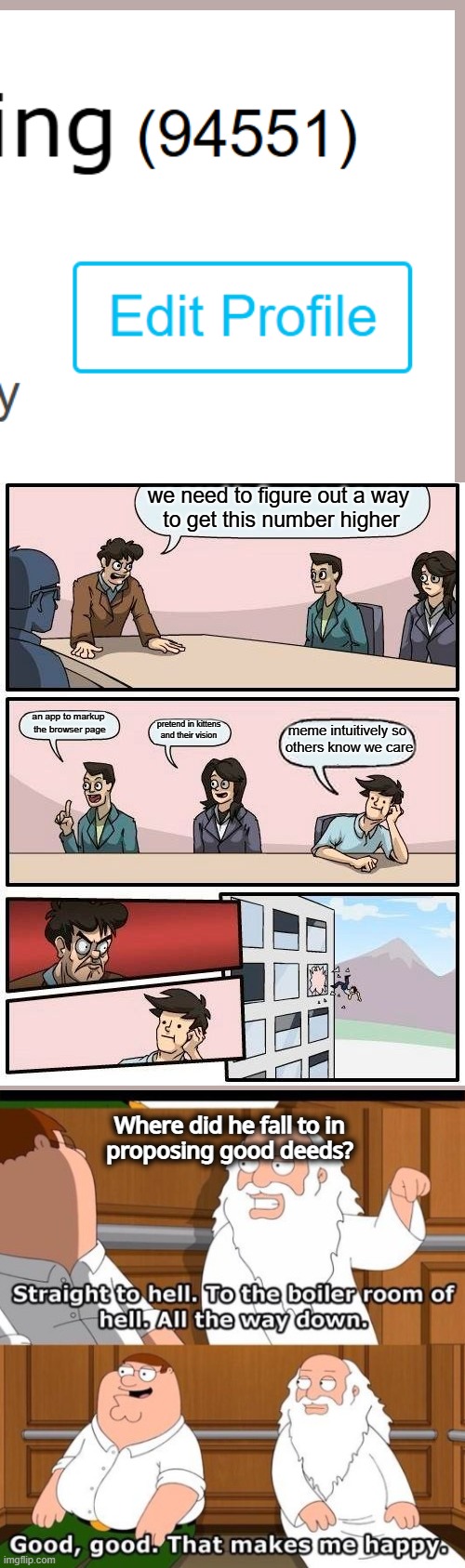 boardroom meeting suggestion irony everything is what it is when we care enough for it to be so | we need to figure out a way 
to get this number higher; an app to markup
 the browser page; meme intuitively so 
others know we care; pretend in kittens
and their vision; Where did he fall to in
proposing good deeds? | image tagged in memes,boardroom meeting suggestion | made w/ Imgflip meme maker