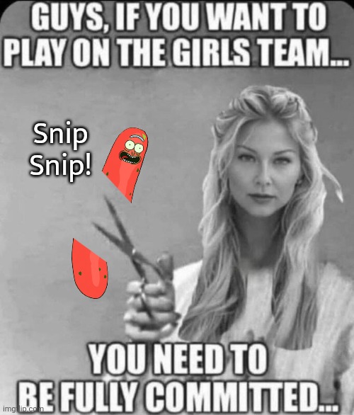 Fully committed to women's soorts | Snip
Snip! | image tagged in scissors,pickle rick,women vs men | made w/ Imgflip meme maker