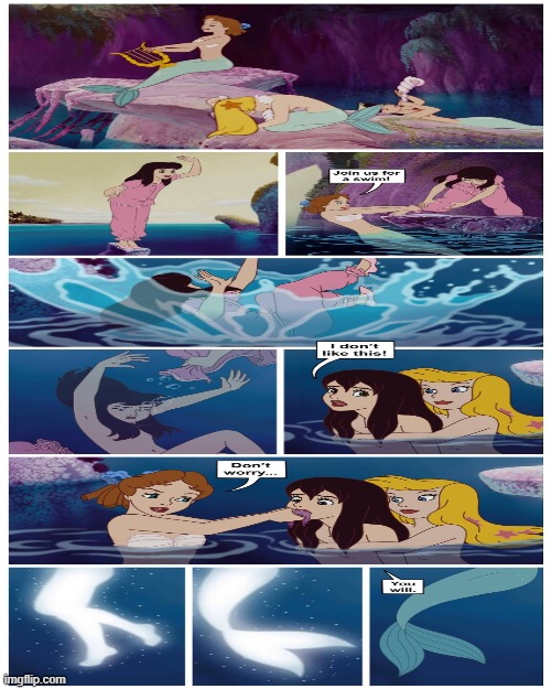 wendy and the mermaids 4 | image tagged in nezuko with a gun,wendy and the mermaids,peter pan,mermaids,transformation,comics | made w/ Imgflip meme maker