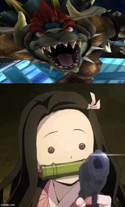 giga bowser faces nezuko | image tagged in which character faces nezuko,bowser,gaming,giga,videogames,super smash bros | made w/ Imgflip meme maker