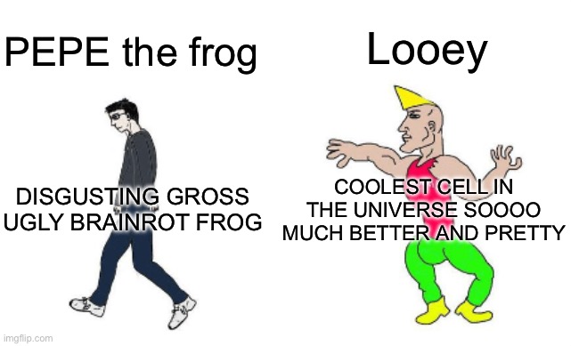 I'M SOOO MUCH BETTER THAN PEPE LISTEN TO ME INSTEAD | Looey; PEPE the frog; COOLEST CELL IN THE UNIVERSE SOOOO MUCH BETTER AND PRETTY; DISGUSTING GROSS UGLY BRAINROT FROG | image tagged in virgin vs chad,i hate pepe the frog,looey is better than pepe,looey,pepe the frog,pepe | made w/ Imgflip meme maker