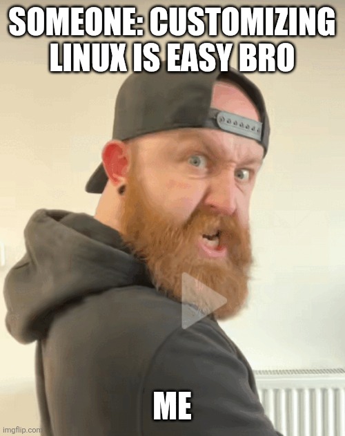 Linux is not easy to customise | SOMEONE: CUSTOMIZING LINUX IS EASY BRO; ME | image tagged in linux | made w/ Imgflip meme maker