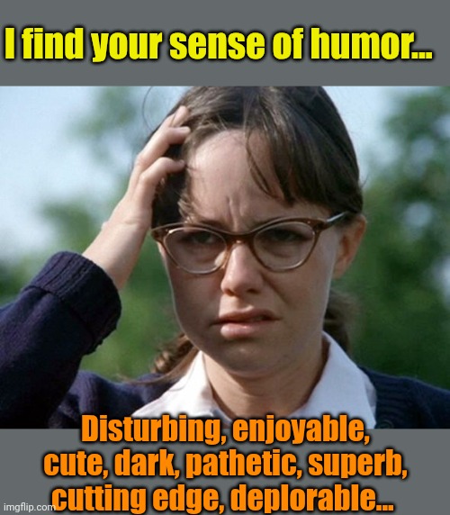 Sybil Sally Field 1976 movie | I find your sense of humor... Disturbing, enjoyable, cute, dark, pathetic, superb, cutting edge, deplorable... | image tagged in sybil sally field 1976 movie | made w/ Imgflip meme maker