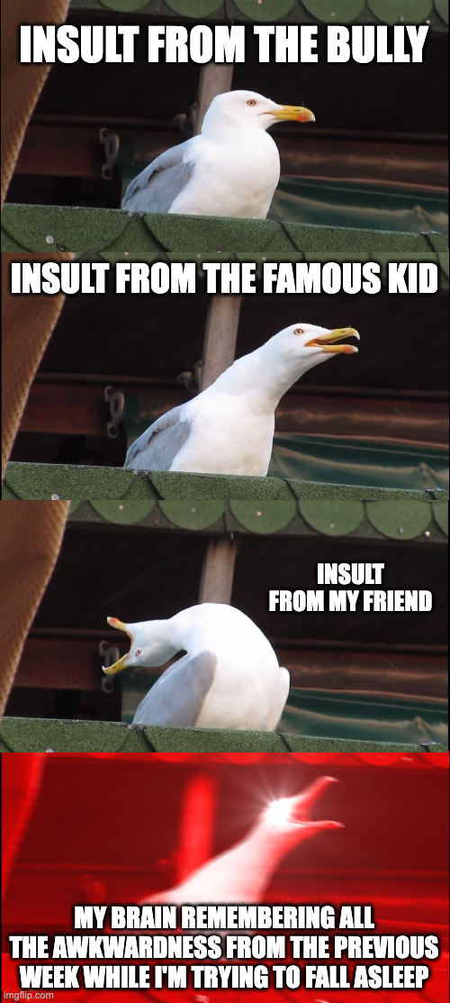 Inhaling Seagull | INSULT FROM THE BULLY; INSULT FROM THE FAMOUS KID; INSULT FROM MY FRIEND; MY BRAIN REMEMBERING ALL THE AWKWARDNESS FROM THE PREVIOUS WEEK WHILE I'M TRYING TO FALL ASLEEP | image tagged in memes,inhaling seagull | made w/ Imgflip meme maker