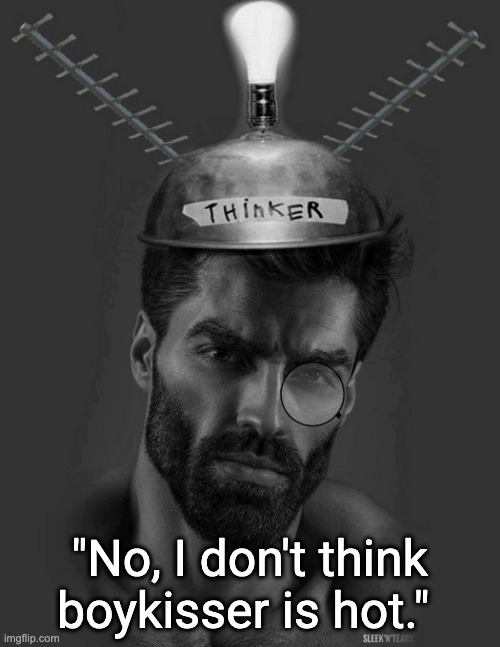 Reposting this due to recent events | "No, I don't think boykisser is hot." | image tagged in gigachad thinker | made w/ Imgflip meme maker