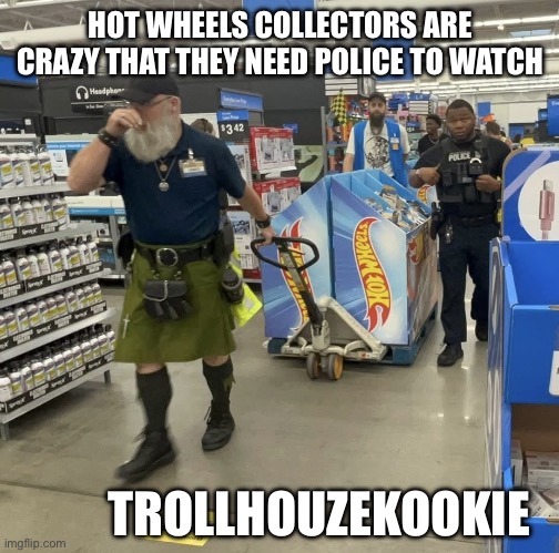 Police needed to protect hot wheels | HOT WHEELS COLLECTORS ARE CRAZY THAT THEY NEED POLICE TO WATCH; TROLLHOUZEKOOKIE | image tagged in hot wheels,walmart,funny,police,toys,wtf | made w/ Imgflip meme maker