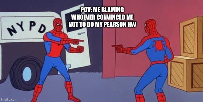 Spider Man Double | POV: ME BLAMING WHOEVER CONVINCED ME NOT TO DO MY PEARSON HW | image tagged in spider man double | made w/ Imgflip meme maker