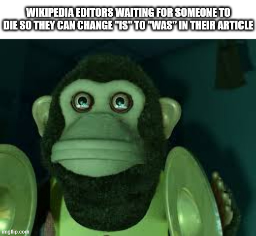 was | WIKIPEDIA EDITORS WAITING FOR SOMEONE TO DIE SO THEY CAN CHANGE "IS" TO "WAS" IN THEIR ARTICLE | image tagged in toy story monkey,wikipedia,was,wikipedia editor,die,toy story | made w/ Imgflip meme maker