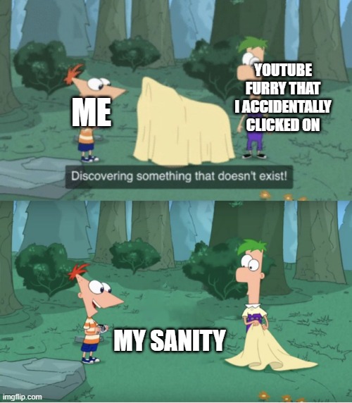 ...NO... NOT AGAIN... | YOUTUBE FURRY THAT I ACCIDENTALLY CLICKED ON; ME; MY SANITY | image tagged in discovering something that doesn t exist | made w/ Imgflip meme maker