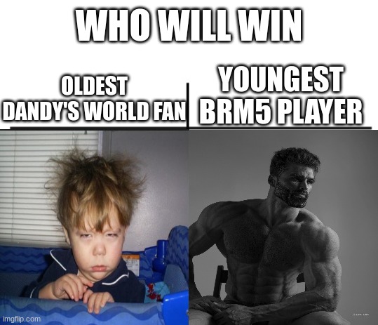 Either Milheads or Literal Children.  pick your side | WHO WILL WIN; OLDEST DANDY'S WORLD FAN; YOUNGEST BRM5 PLAYER | image tagged in t chart,roblox,memes,funny memes,who will win | made w/ Imgflip meme maker
