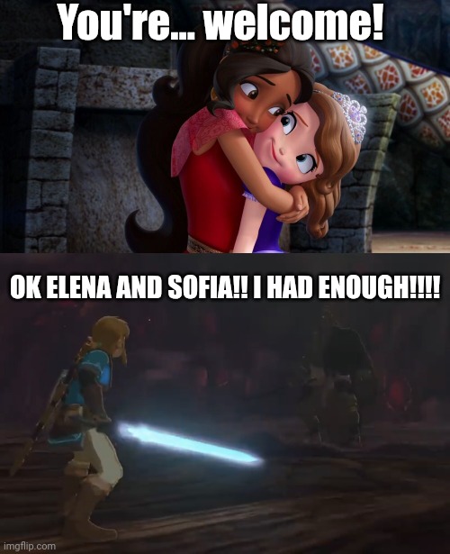 Link has had enough hugging done to him from Elena and Sofia | You're... welcome! OK ELENA AND SOFIA!! I HAD ENOUGH!!!! | image tagged in link vs demon king ganondorf,sofia the first,memes,fun,the legend of zelda,funny memes | made w/ Imgflip meme maker