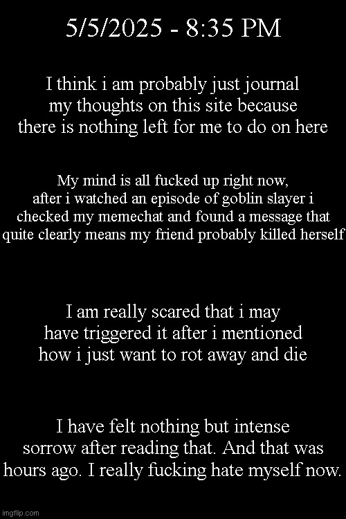 5/5/2025 - 8:35 PM; I think i am probably just journal my thoughts on this site because there is nothing left for me to do on here; My mind is all fucked up right now, after i watched an episode of goblin slayer i checked my memechat and found a message that quite clearly means my friend probably killed herself; I am really scared that i may have triggered it after i mentioned how i just want to rot away and die; I have felt nothing but intense sorrow after reading that. And that was hours ago. I really fucking hate myself now. | made w/ Imgflip meme maker