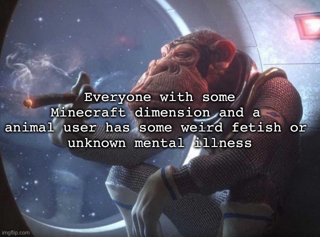 I wonder why | Everyone with some Minecraft dimension and a 
animal user has some weird fetish or 
unknown mental illness | image tagged in space monkey smoking cigar,msmg | made w/ Imgflip meme maker