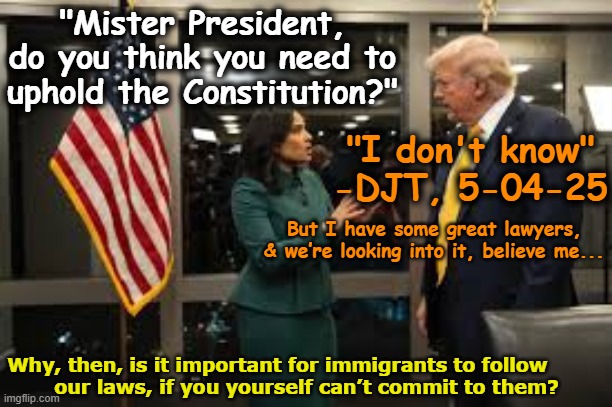 T-Rump and the Constitution | "Mister President, do you think you need to uphold the Constitution?"; "I don't know" -DJT, 5-04-25; But I have some great lawyers, & we’re looking into it, believe me... Why, then, is it important for immigrants to follow         
our laws, if you yourself can’t commit to them? | image tagged in despicable donald,impeach trump,trump is a moron,nevertrump meme,presidential alert,law and order | made w/ Imgflip meme maker