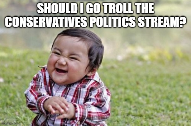 Ima go send 50 memes they wont like, ragebait | SHOULD I GO TROLL THE CONSERVATIVES POLITICS STREAM? | image tagged in memes,evil toddler,rage bait | made w/ Imgflip meme maker