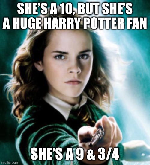 Hogwarts 10 | SHE’S A 10, BUT SHE’S A HUGE HARRY POTTER FAN; SHE’S A 9 & 3/4 | image tagged in hermoine granger,hogwarts,harry potter,fan | made w/ Imgflip meme maker