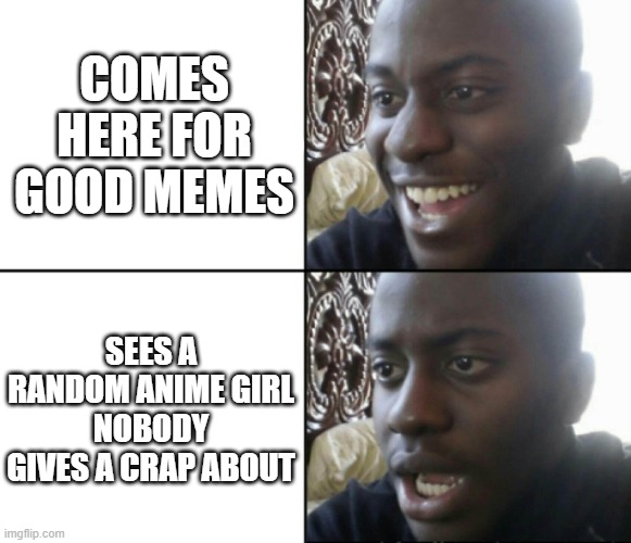 No tietul | COMES HERE FOR GOOD MEMES; SEES A RANDOM ANIME GIRL NOBODY GIVES A CRAP ABOUT | image tagged in happy / shock,tietul | made w/ Imgflip meme maker