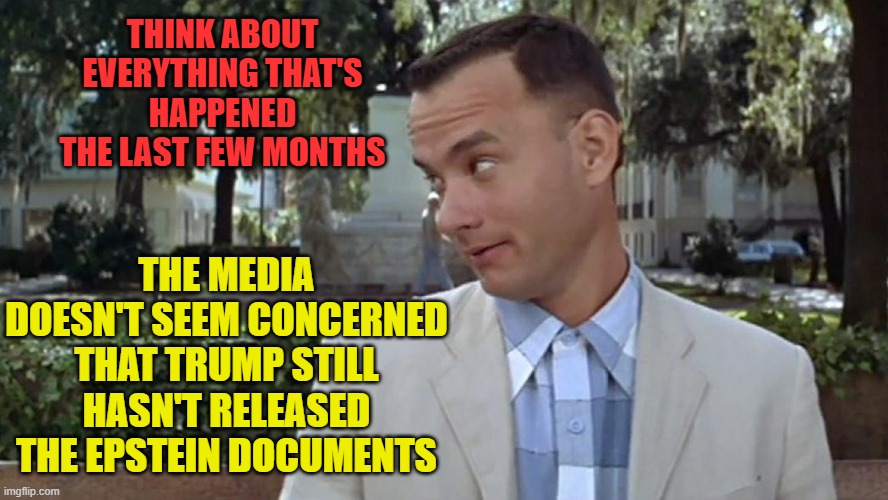 Other Way | THINK ABOUT EVERYTHING THAT'S HAPPENED THE LAST FEW MONTHS; THE MEDIA DOESN'T SEEM CONCERNED THAT TRUMP STILL HASN'T RELEASED THE EPSTEIN DOCUMENTS | image tagged in forrest gump face | made w/ Imgflip meme maker