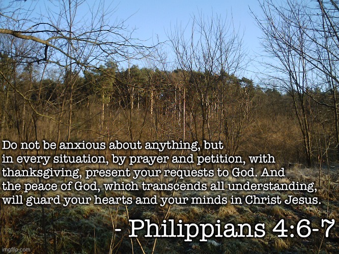 Do not be anxious about anything, but in every situation, by prayer and petition, with thanksgiving, present your requests to God. And the peace of God, which transcends all understanding, will guard your hearts and your minds in Christ Jesus. - Philippians 4:6-7 | image tagged in christianity | made w/ Imgflip meme maker
