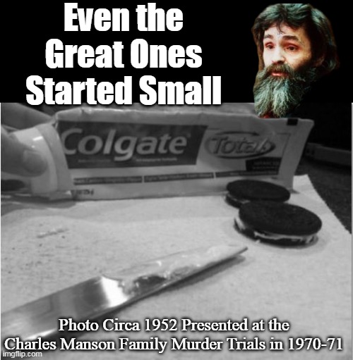 Was the Summer before his Cat Killing Phase | Even the Great Ones Started Small; Photo Circa 1952 Presented at the Charles Manson Family Murder Trials in 1970-71 | image tagged in manson oreo toothpaste meme | made w/ Imgflip meme maker