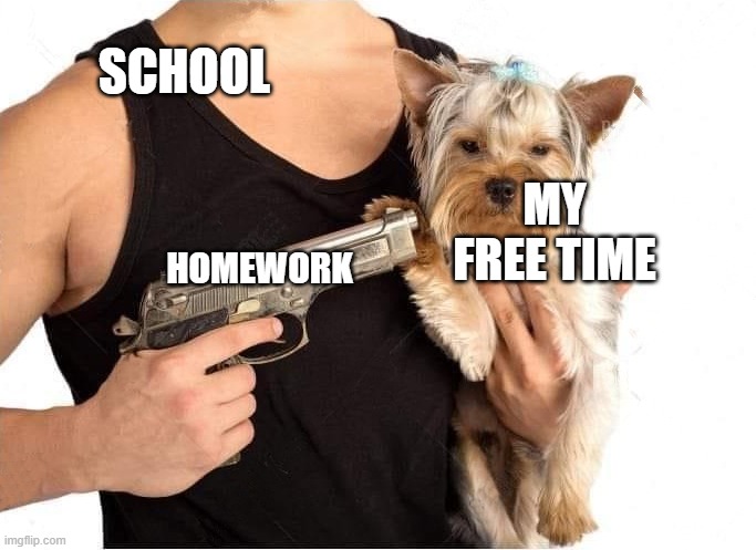 Real? | SCHOOL; MY FREE TIME; HOMEWORK | image tagged in dog hostage | made w/ Imgflip meme maker