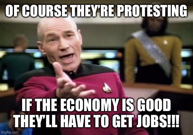 OF COURSE THEY’RE PROTESTING IF THE ECONOMY IS GOOD THEY’LL HAVE TO GET JOBS!!! | image tagged in startrek | made w/ Imgflip meme maker