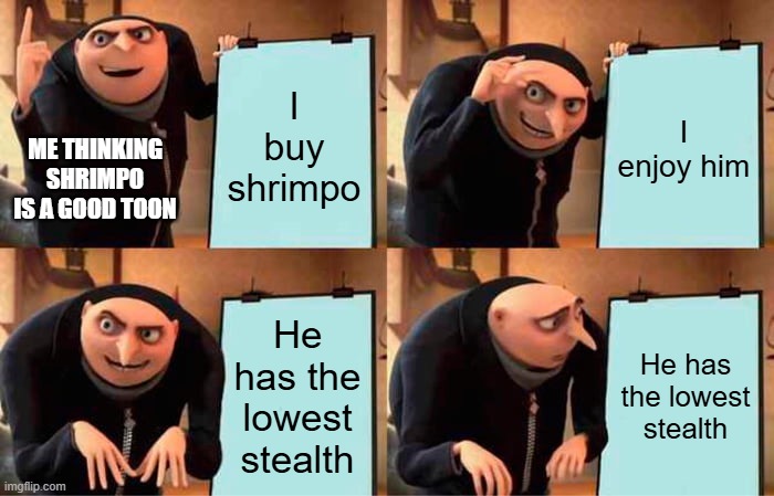 shrimpo... | I buy shrimpo; I enjoy him; ME THINKING SHRIMPO IS A GOOD TOON; He has the lowest stealth; He has the lowest stealth | image tagged in memes,gru's plan,dandy's world | made w/ Imgflip meme maker