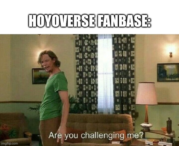 Are you challenging me? | HOYOVERSE FANBASE: | image tagged in are you challenging me | made w/ Imgflip meme maker
