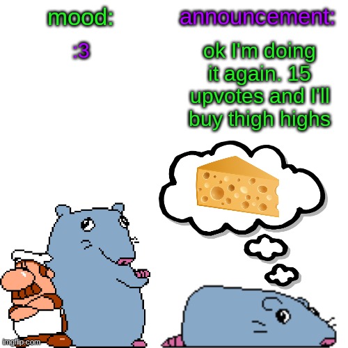 street rat announcement V2 | :3; ok I'm doing it again. 15 upvotes and I'll buy thigh highs | image tagged in street rat announcement v2 | made w/ Imgflip meme maker