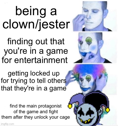 jevil clown | being a clown/jester; finding out that you're in a game for entertainment; getting locked up for trying to tell others that they're in a game; find the main protagonist of the game and fight them after they unlock your cage | image tagged in jevil clown | made w/ Imgflip meme maker