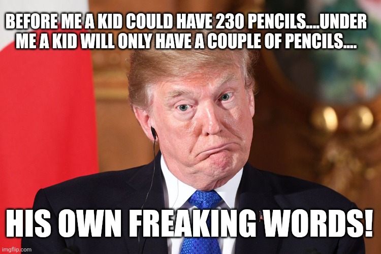 Old times always better | BEFORE ME A KID COULD HAVE 230 PENCILS....UNDER ME A KID WILL ONLY HAVE A COUPLE OF PENCILS.... HIS OWN FREAKING WORDS! | image tagged in donald trump,trump,maga,nevertrump,trump sucks,tariffs | made w/ Imgflip meme maker