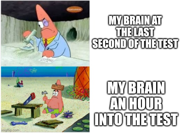 E | MY BRAIN AT THE LAST SECOND OF THE TEST; MY BRAIN AN HOUR INTO THE TEST | image tagged in patrick smart dumb,oh wow are you actually reading these tags | made w/ Imgflip meme maker