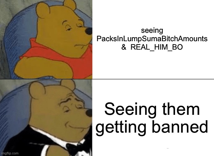they aren’t really people tbh | seeing PacksInLumpSumaBitchAmounts &  REAL_HIM_BO; Seeing them getting banned | image tagged in memes,tuxedo winnie the pooh | made w/ Imgflip meme maker