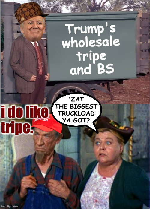 He knows his customers. | Trump's
wholesale
tripe
and BS; i do like
tripe. 'ZAT
THE BIGGEST
TRUCKLOAD
YA GOT? | image tagged in memes,trump tripe | made w/ Imgflip meme maker