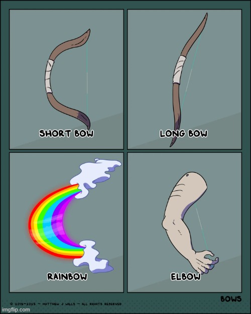 image tagged in bows,short,long,rainbow,elbow,puns | made w/ Imgflip meme maker