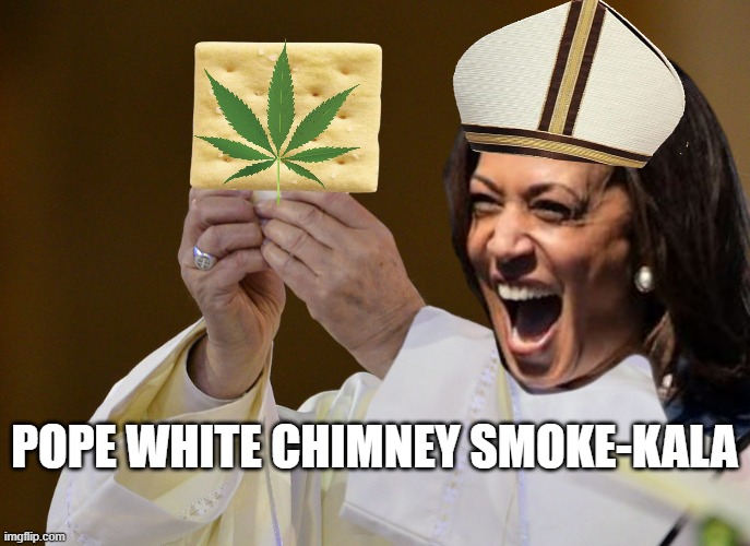 POPE KAMALA the Selected Secular-Saint of Marxist Socialism & Unelected Democracy | POPE WHITE CHIMNEY SMOKE-KALA | image tagged in the pope,kamala harris,marijuana,secular,saint,donald trump | made w/ Imgflip meme maker
