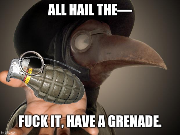 Plague Doctor | ALL HAIL THE— FUCK IT, HAVE A GRENADE. | image tagged in plague doctor | made w/ Imgflip meme maker