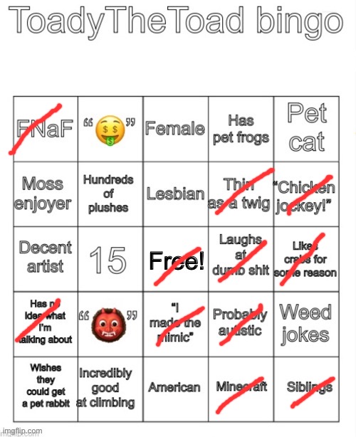 ToadyTheToad Bingo | image tagged in toadythetoad bingo | made w/ Imgflip meme maker