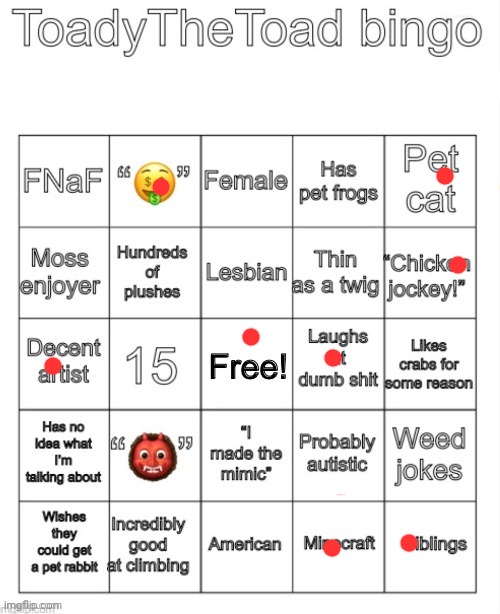 ToadyTheToad Bingo | image tagged in toadythetoad bingo | made w/ Imgflip meme maker