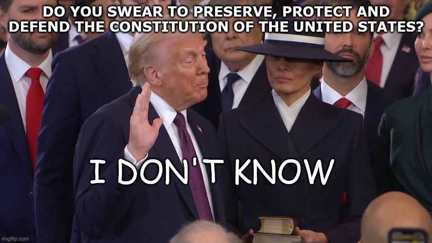 I don't know | DO YOU SWEAR TO PRESERVE, PROTECT AND DEFEND THE CONSTITUTION OF THE UNITED STATES? I DON'T KNOW | image tagged in trump,gop,maga,nazi,fascist,i don't know | made w/ Imgflip meme maker