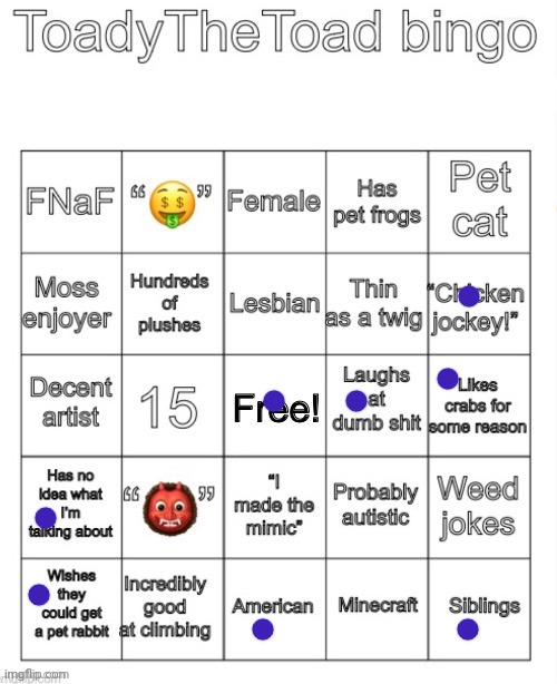 ToadyTheToad Bingo | image tagged in toadythetoad bingo | made w/ Imgflip meme maker