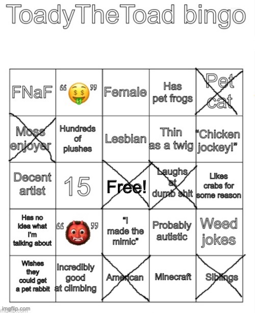 ToadyTheToad Bingo | image tagged in toadythetoad bingo | made w/ Imgflip meme maker