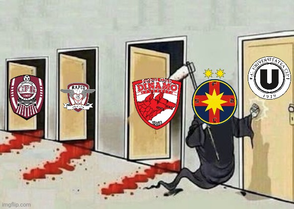 FCSB - Dinamo 3-1. One more win to clinch the title and projected to be in a UCL League Phase. | image tagged in grim reaper 4 doors,fcsb,steaua,dinamo,superliga,fussball | made w/ Imgflip meme maker