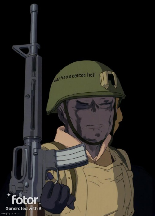 my attempt on making davis into a glibli style (READ THE COMMENT FIRST.) | image tagged in pro-fandom,studio ghibli,ai art,wojak,oc,soldier | made w/ Imgflip meme maker