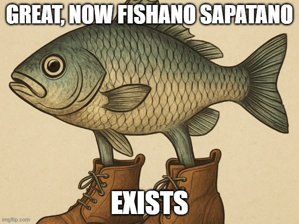 trallalero tralala has a knockoff (i made it) | GREAT, NOW FISHANO SAPATANO; EXISTS | image tagged in memes | made w/ Imgflip meme maker