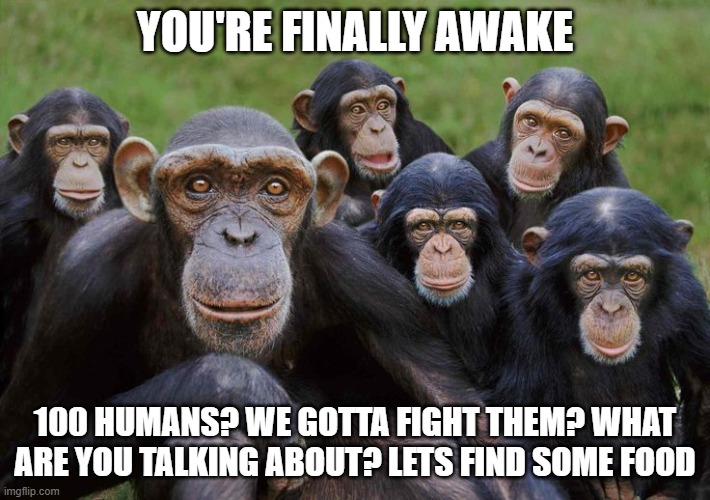 It's all just a bad dream bro | YOU'RE FINALLY AWAKE; 100 HUMANS? WE GOTTA FIGHT THEM? WHAT ARE YOU TALKING ABOUT? LETS FIND SOME FOOD | image tagged in waking up ape,gorilla,100 guys vs 1 gorilla,memes,monkey | made w/ Imgflip meme maker