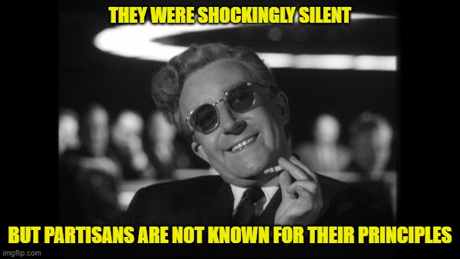 dr strangelove | THEY WERE SHOCKINGLY SILENT BUT PARTISANS ARE NOT KNOWN FOR THEIR PRINCIPLES | image tagged in dr strangelove | made w/ Imgflip meme maker